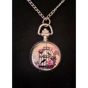 Beautiful Vintage Pendant Watch Birds In Cage W/ Roses 35" Chain New Battery